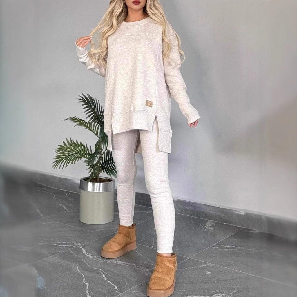 Women's Slit Long Sleeve Top And Trousers Suit