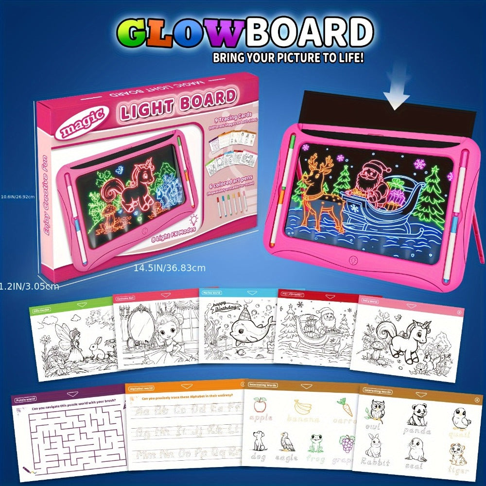 LED Light Up Drawing Board for Kids, 9 Double-Sided Tracing Cards 6 Markers Glow Doodle Travel Art Toy for Girls Boys Ages 3-
