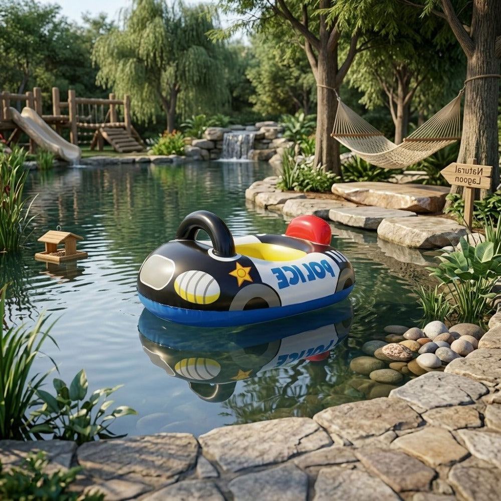 Car-Shaped Inflatable Pool Float with Black Printed Body, Center Opening and Steering-Wheel Detail — image 9
