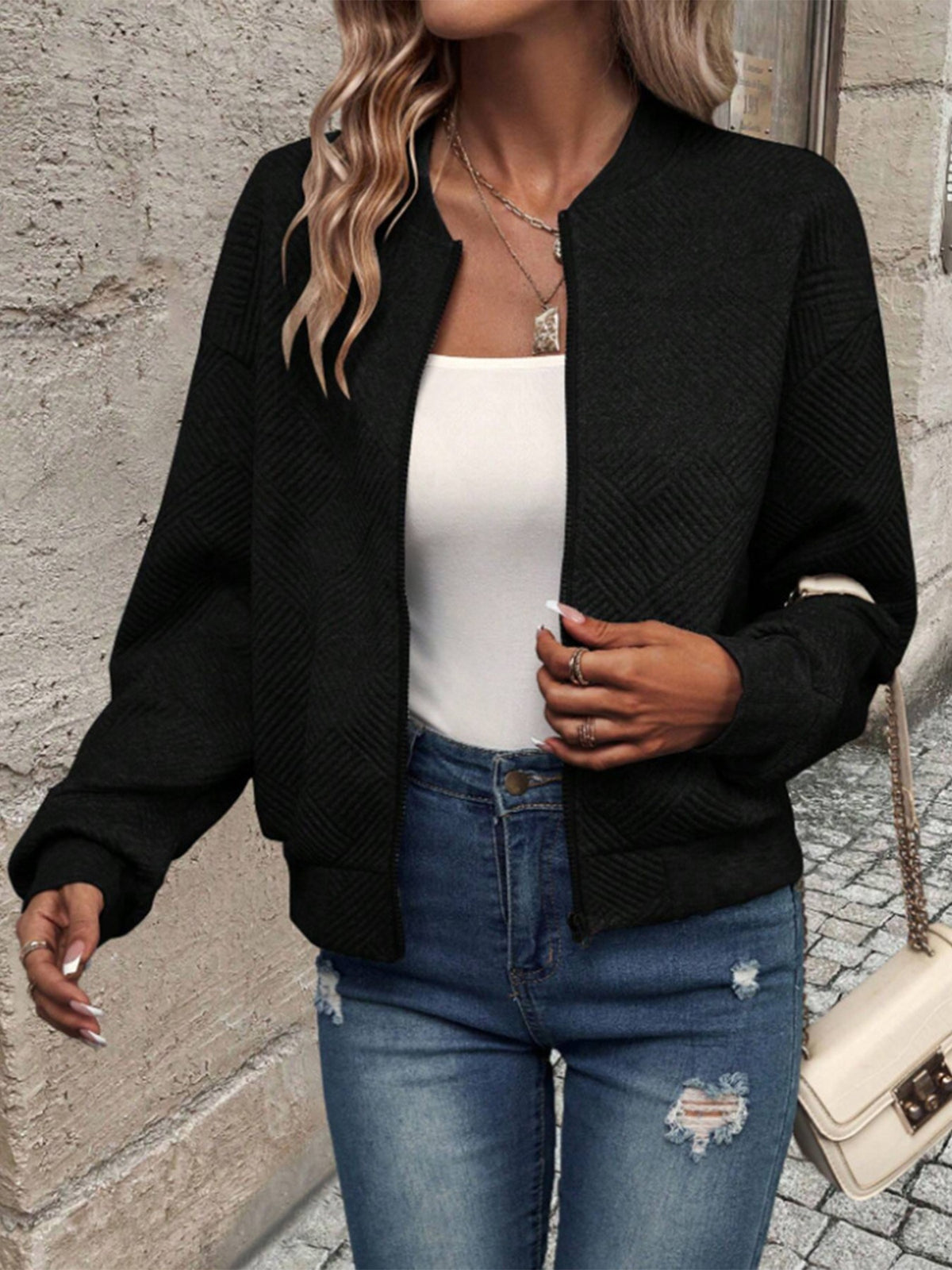 Solid Color Zipper Jacket Coat For Women