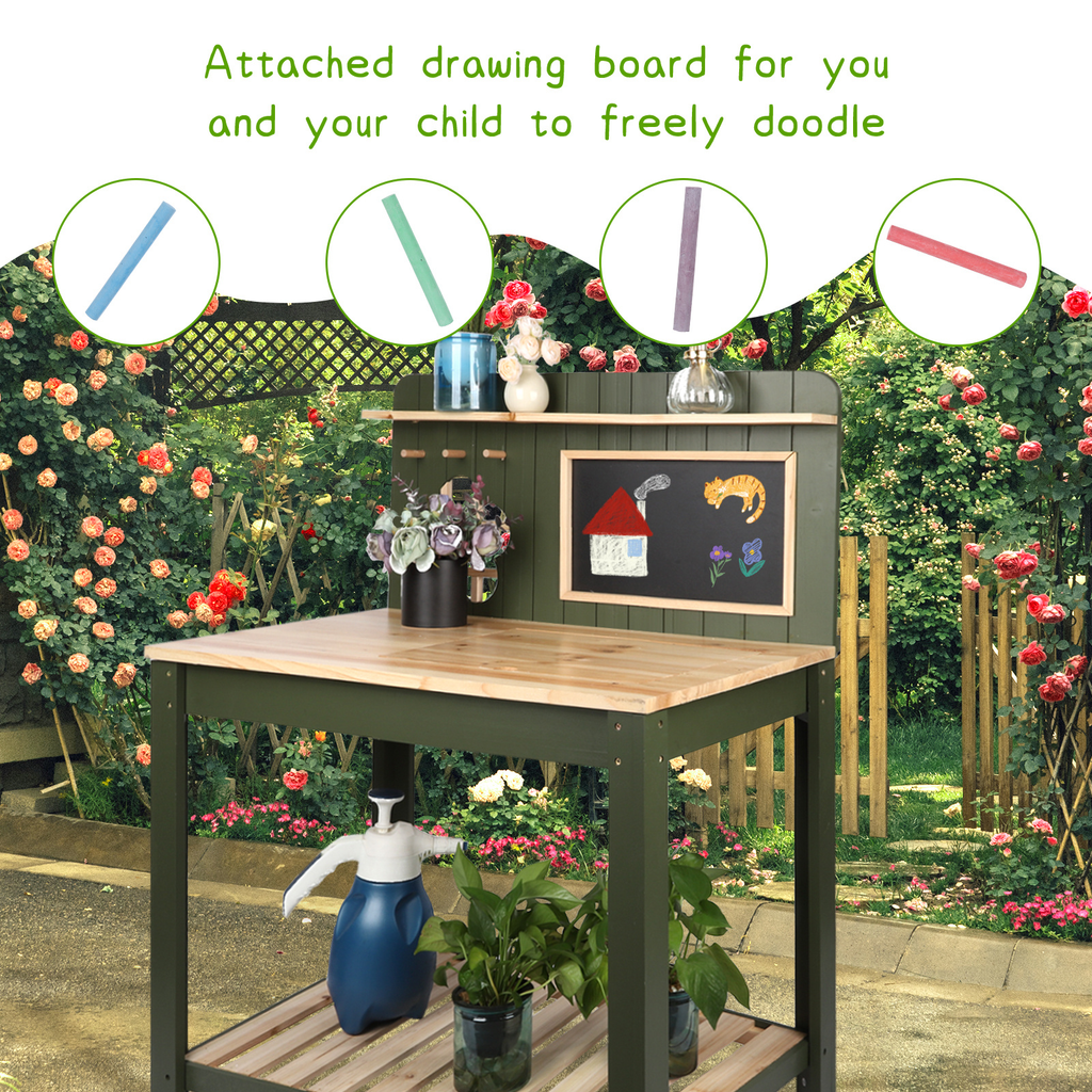 Potting Bench with Blackboard Removable Sink Hooks Double Shelf for Garden — image 16