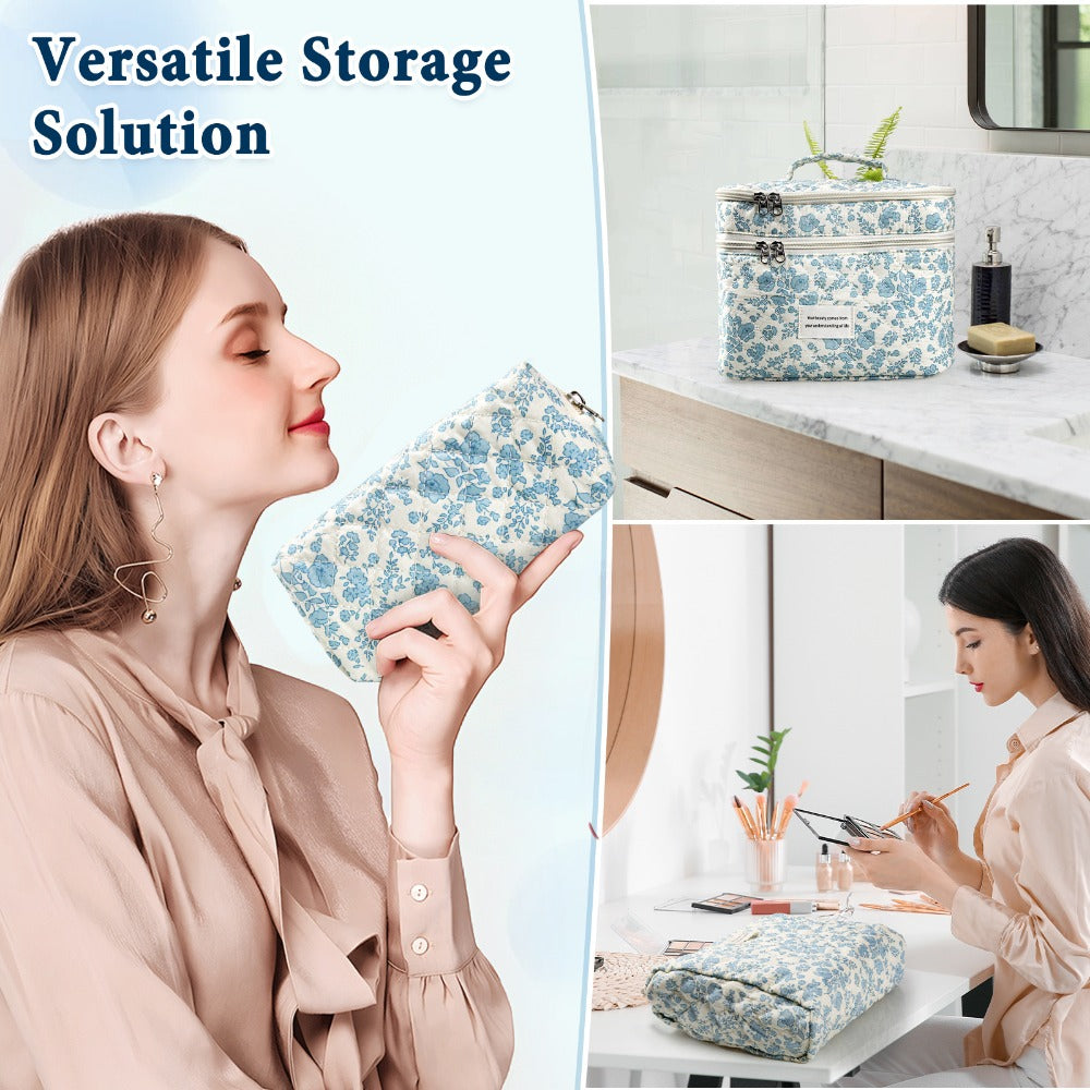 Quilted Floral Makeup Bag Set 3PCS Large Capacity Dual Layer Cotton Cosmetic Bags Coquette Aesthetic Travel Toiletry Organize