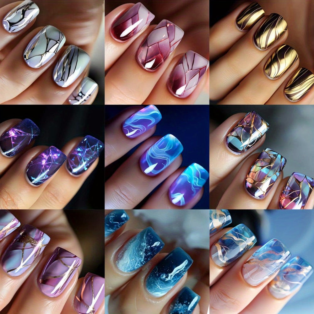 Press On Nails 215-Piece Short Square Nine-Pack Marble Brown Line Gradient Glossy Set with Glue — image 2