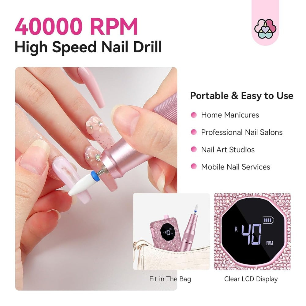Electric Nail Drill 40000 RPM Rechargeable Professional Nail Drill Machine 4000mAh Battery LCD Display Ceramic Bits Sanding B
