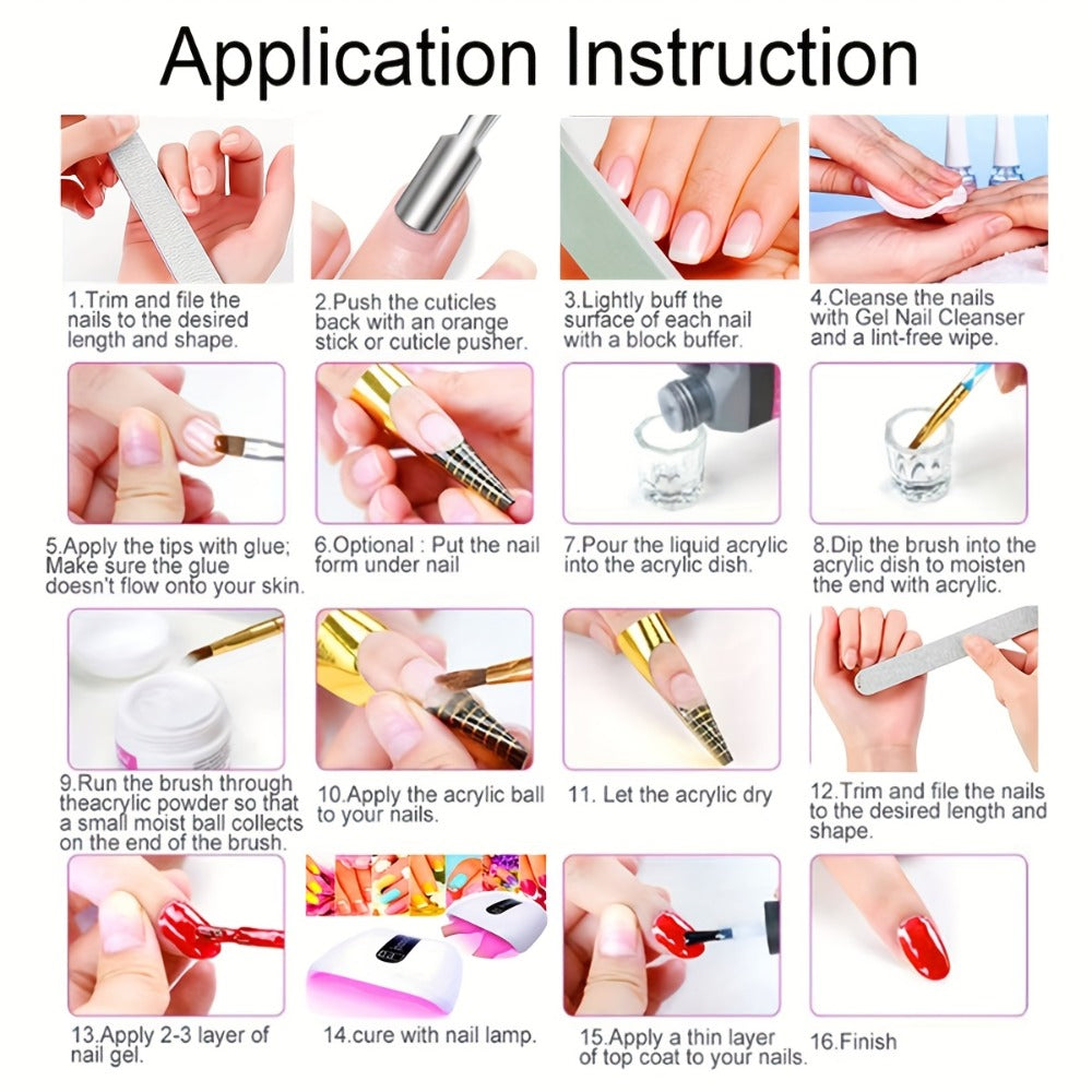 Acrylic Nail Kit with 12 Glitter Powders, Three Base Powders, Nail Tips, Forms and Application Tools — image 4