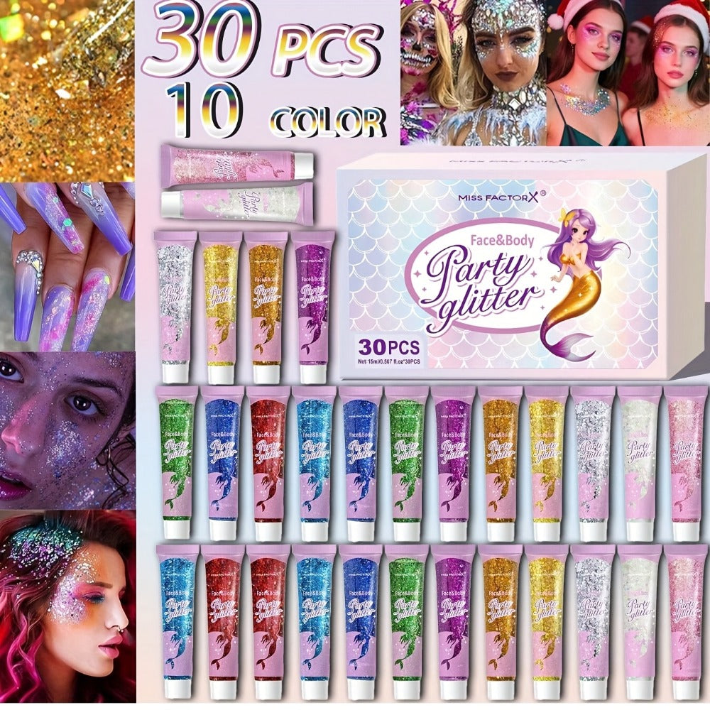 Face Body Glitter Gel Set 30 Pieces – Colorful Shapes Mermaid Sequin Stars Hearts, Transparent Gel Base, Skin-Safe Shimmer Ma