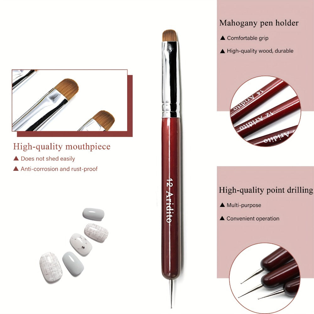 Acrylic Nail Art Brushes Set 4pcs with Dotting Pens – Red Wood Handle Precision Tips #10 #12 #14 #16 for French Manicure Nail