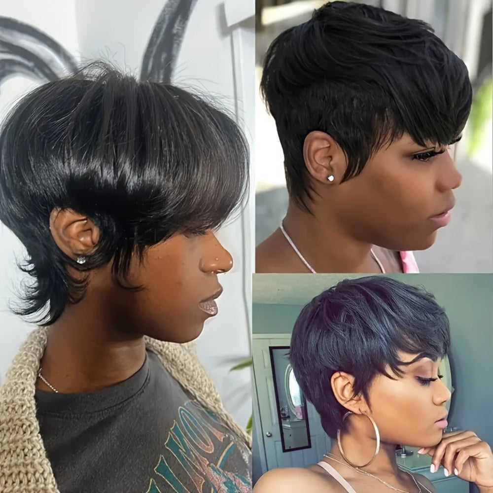 Straight Pixie Human Hair Wig with Bangs, Black 6-Inch Length and Approximately 22.5-Inch Cap — image 6