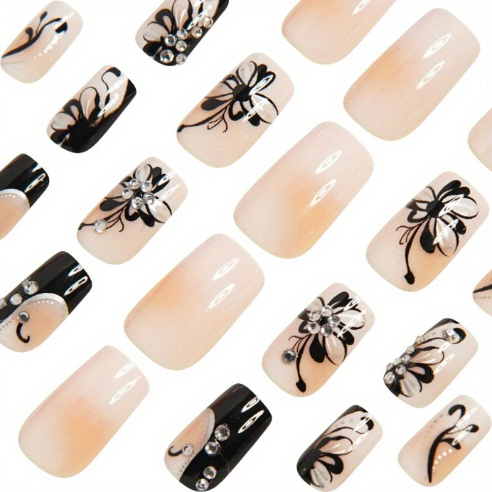 Press On Nails 48-Piece Medium Square Black and White Matte French Tip Butterfly Full-Cover Set — image 3