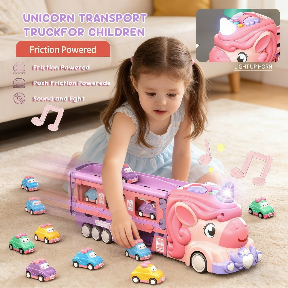 Pink Unicorn Monster Truck Track Set with 8 Princess Cars, Lights & Sounds with the Listed Color, Size or Set Options for Eve