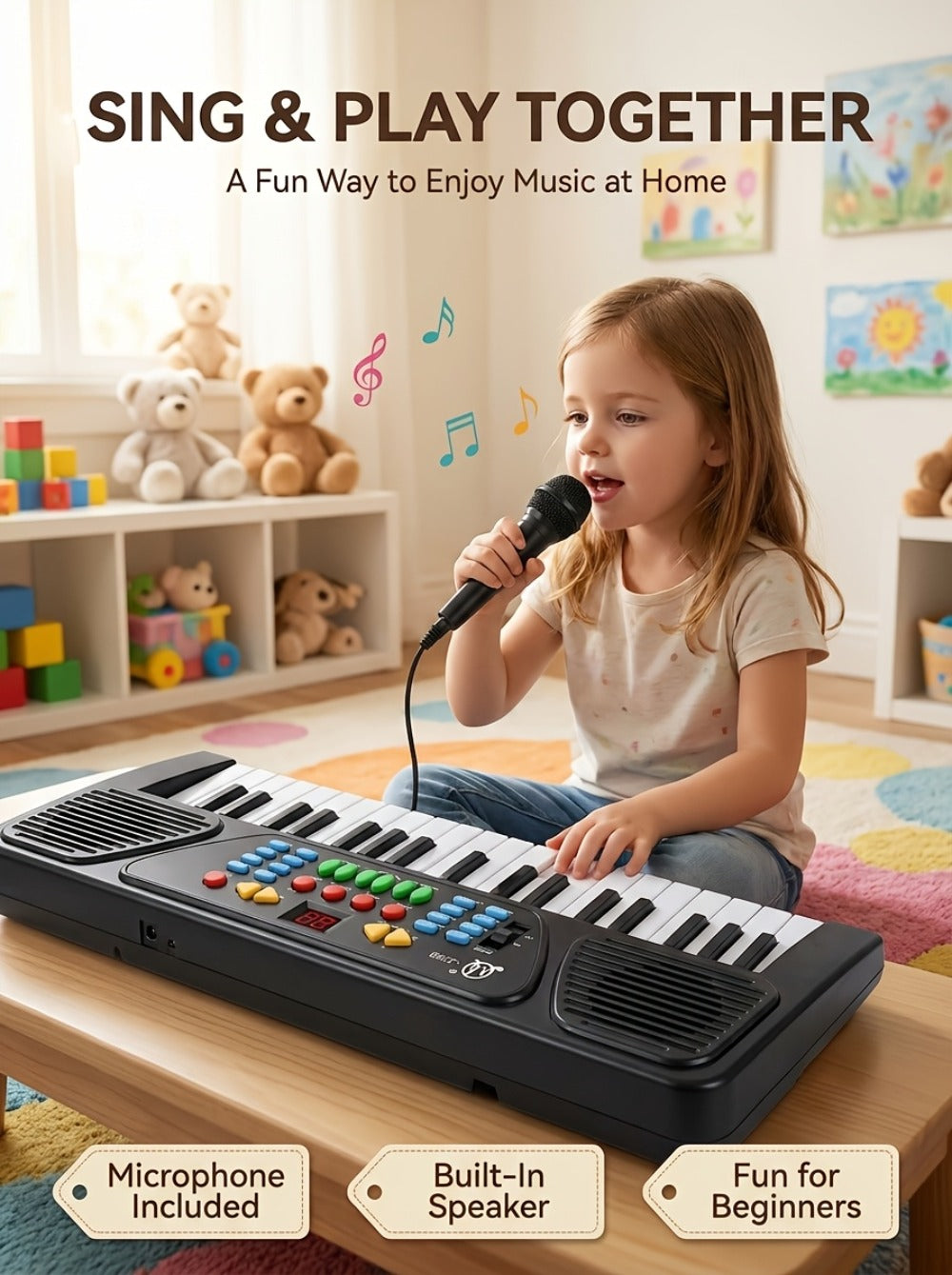 Kids Electronic Keyboard with Microphone, Black, Music Learning Toy for Boys & Girls, Sing-Along Piano Instrument — image 13