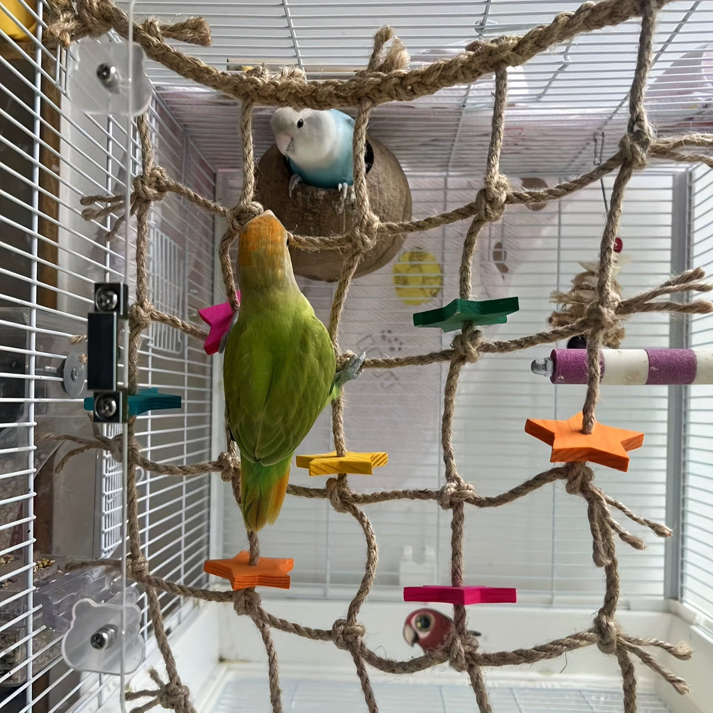 Hemp Rope Bird Climbing Net with Colorful Star Foot Shapes and Hanging Loops for Parakeet and Parrot Cages — image 1
