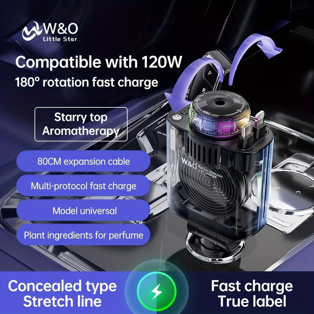3-in-1 Car Charger, Air Freshener & Starry Sky Ceiling Light – Retractable Type-C & Lightning Cable, Aromatherapy Perfume — i