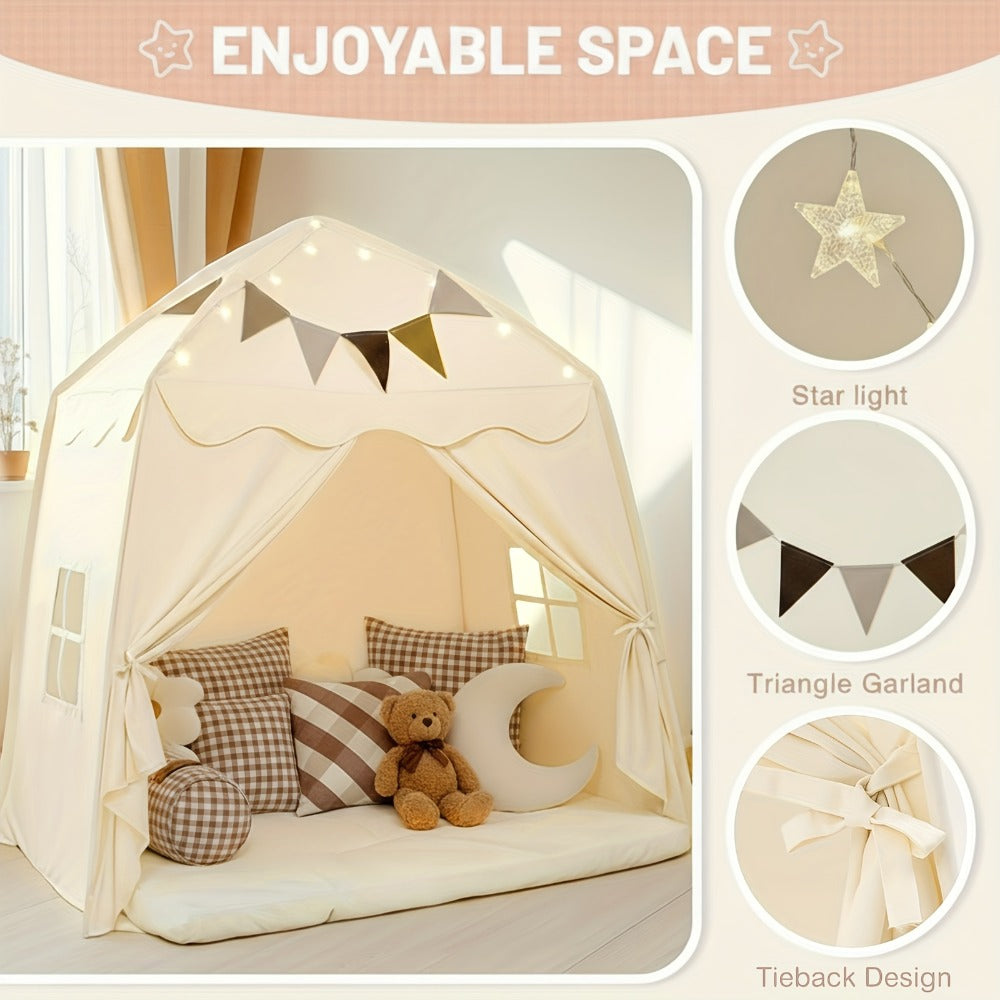 Kids Play Tent with Star Lights & Flags, Extra Large Indoor Outdoor Playhouse with Windows for Reading & Pretend Play — image