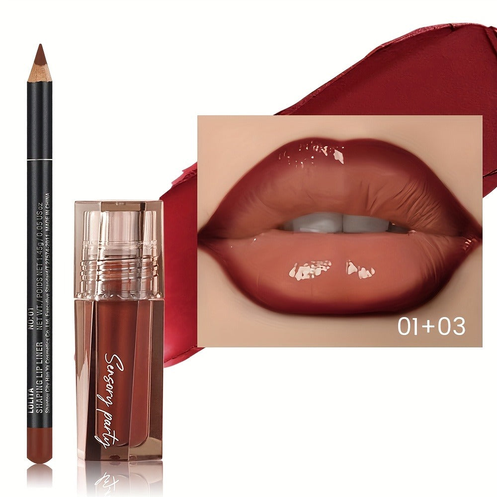 Lip Gloss Lip Liner Set Hydrating Water-Gloss Dewy Finish – 3D Precision Contour Matte Liner, for Makeup, Travel and Everyday