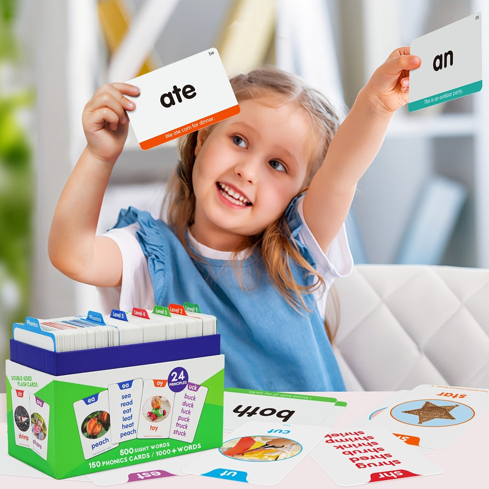 Sight Words Flash Cards 500 Cards & 150 Phonics Cards Set 1000+ Dolch Fry High Frequency Words CVC Blends Long Vowels | Learn