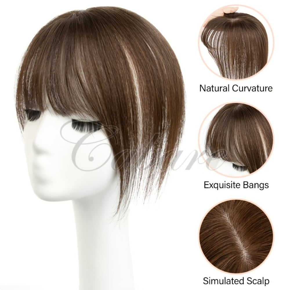 Hair Topper with Bangs Human Hair 5x9 Base Straight Clip In Crown Coverage Volume Booster, for Home, Travel and Salon Hair St