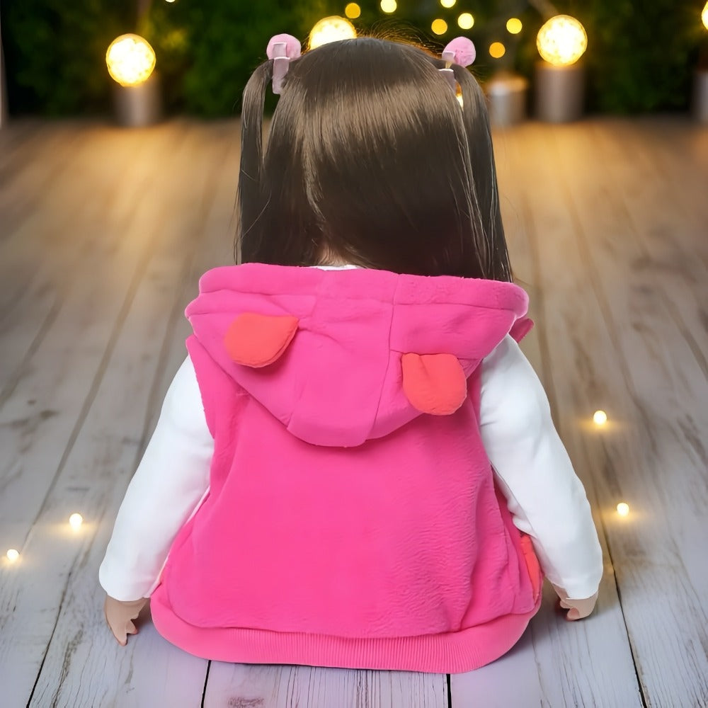 Open-Eye 24-Inch Girl Doll with Long Dark Hair, Pink Vest, Spotted Outfit and Plush Companion — image 5