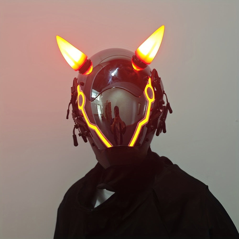 Pink LED Cyberpunk Costume Mask with Horned Full-Face Helmet, Reflective Visor and Lighted Accent Lines — image 4