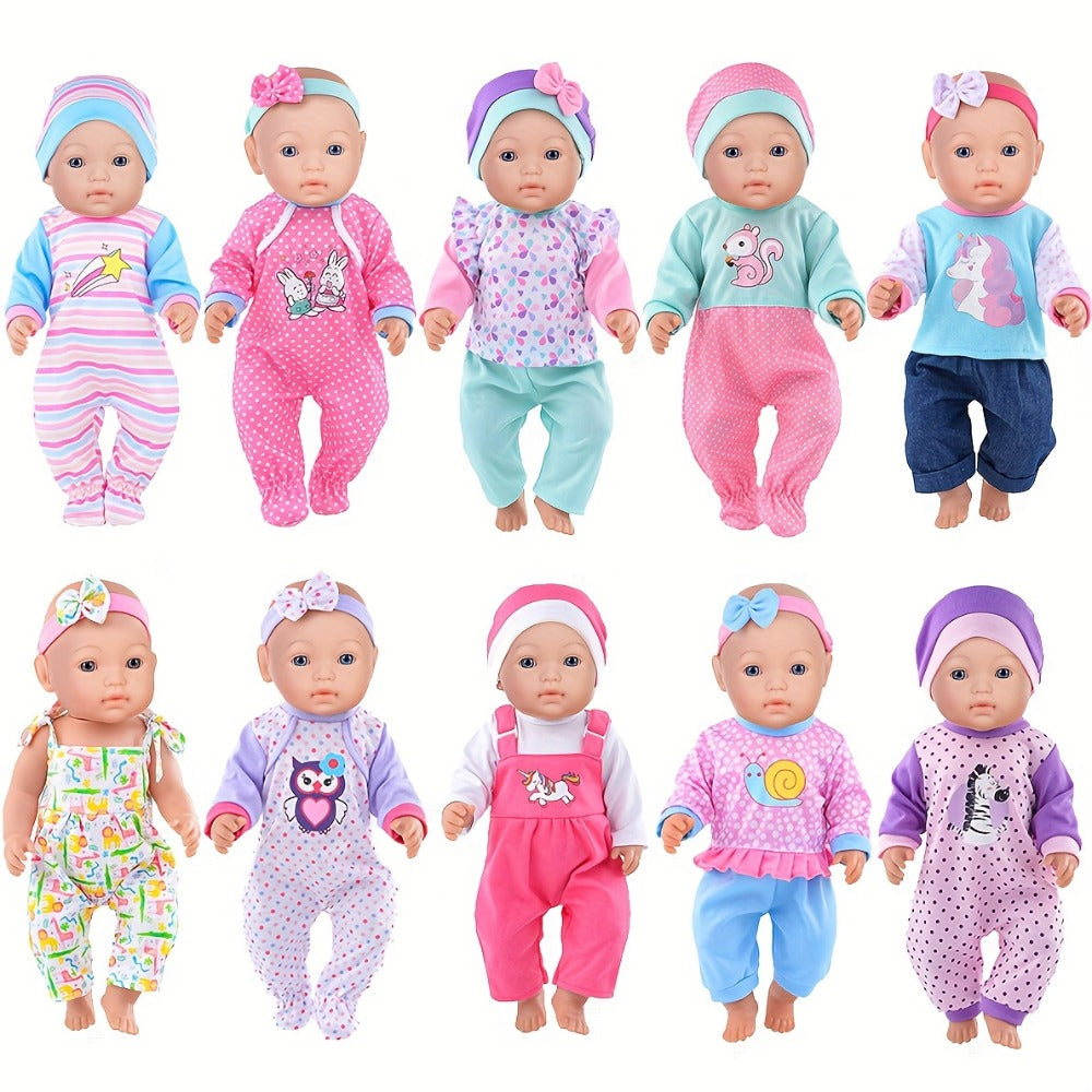 10-Outfit Doll Clothes Set for 14–16-Inch Newborn-Style Dolls with One-Pieces, Tops, Pants and Headwear — image 2