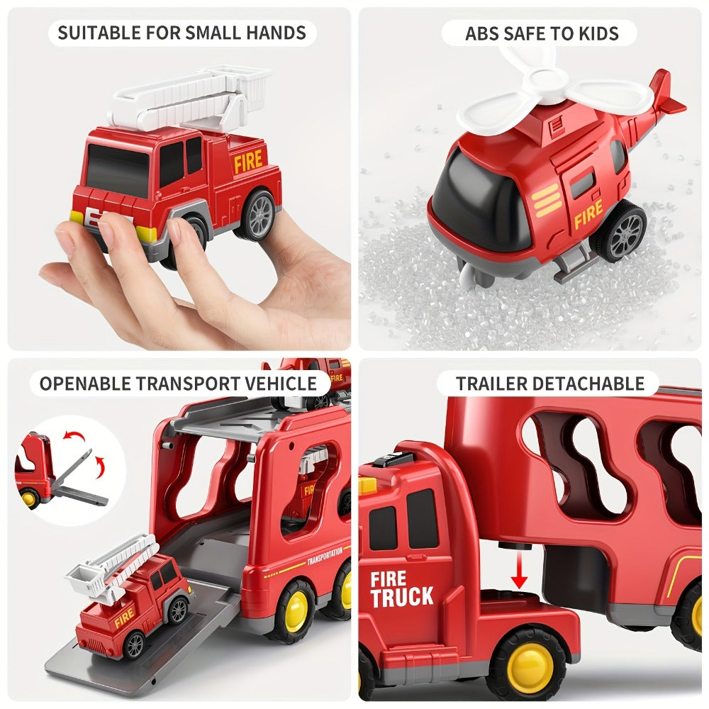 5-in-1 Fire Truck Playset for Kids 3-9, Friction Powered Interchangeable Rescue Vehicles Set with Carrier Truck — image 4