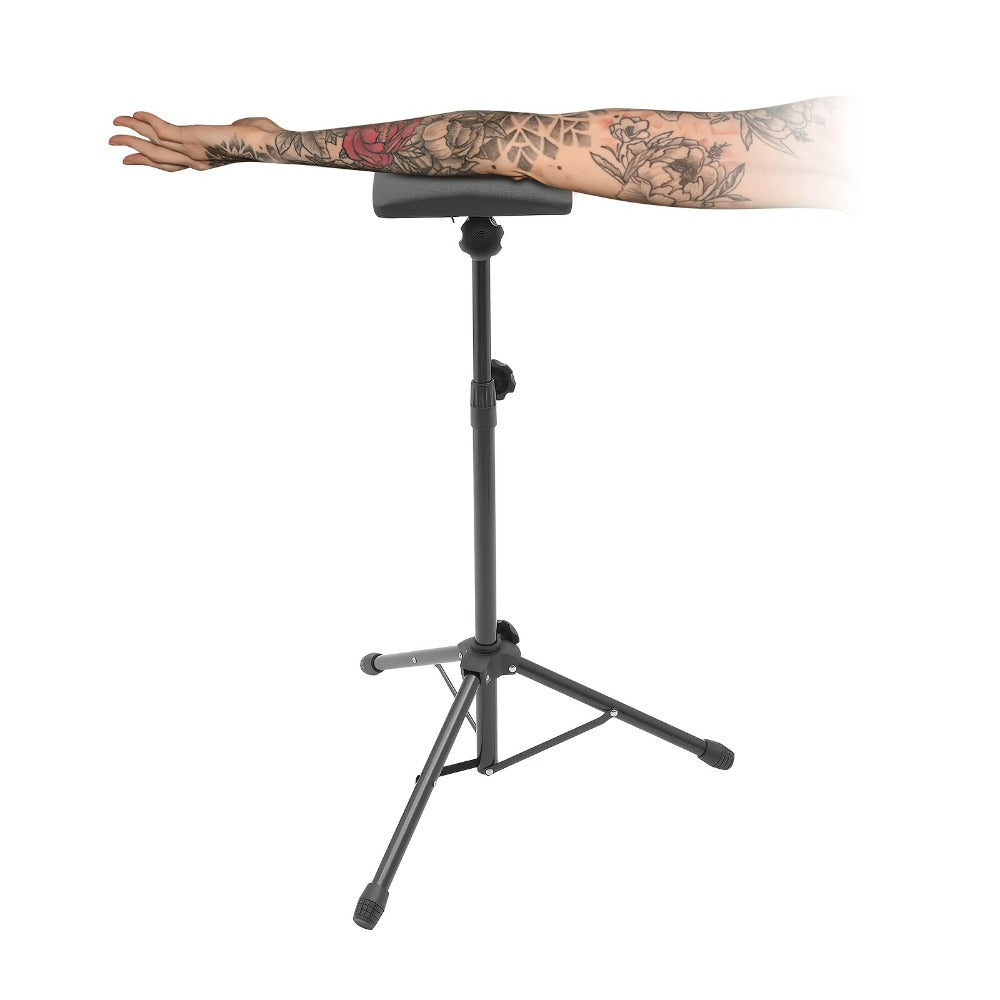 Tattoo Armrest Stand Adjustable Tripod with 15 Disposable Pads & 10 Gloves – 180° PU Padded Arm Leg Rest Portable Collapsible
