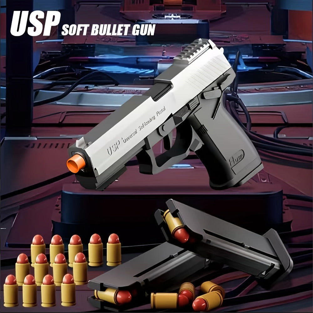 USP Clip Toy Gun Pistol with Continuous Shooting, 100 Bullets & 2 Magazines Rapid Fire Foam Blaster for Kids Boys Girls Ages 