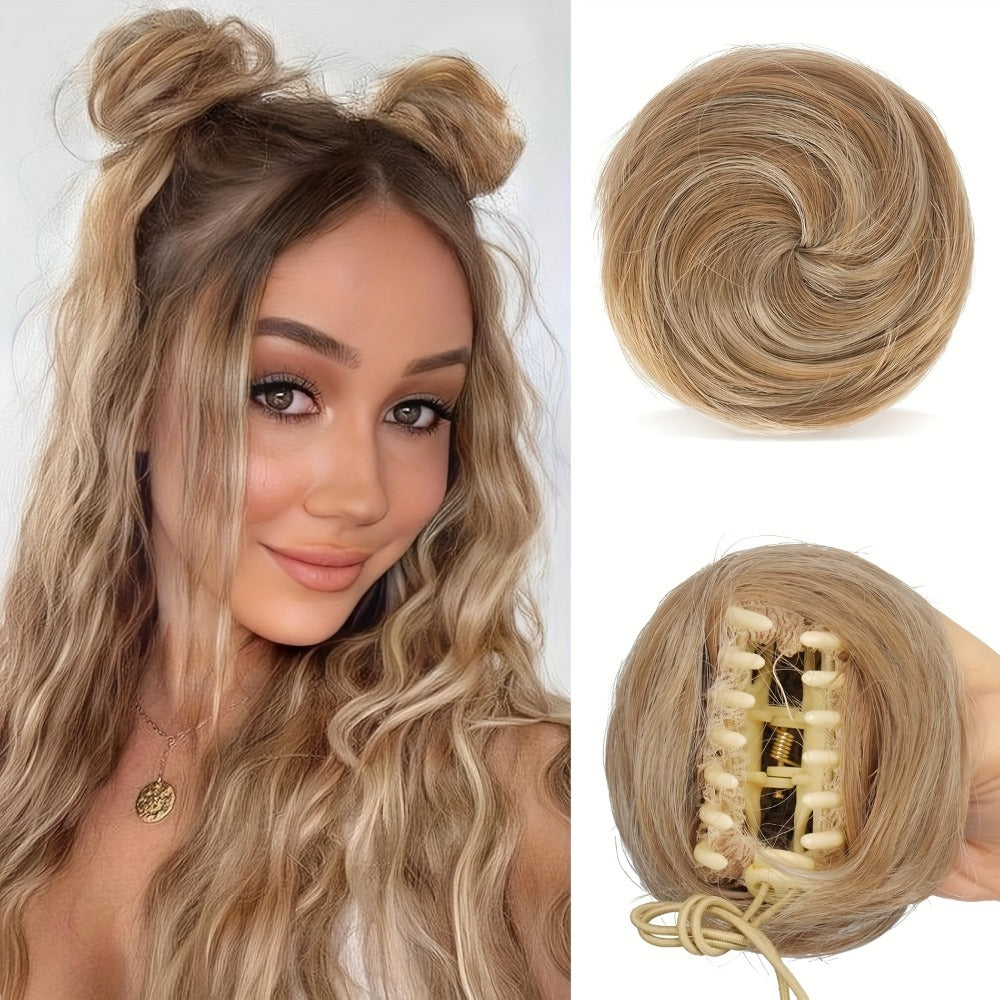 Mini Donut Bun Hairpiece with Cat Ears Claw Clip Messy Bun Synthetic Fiber Instant Updo – 2 Pcs Set for Women Girls All Hair 