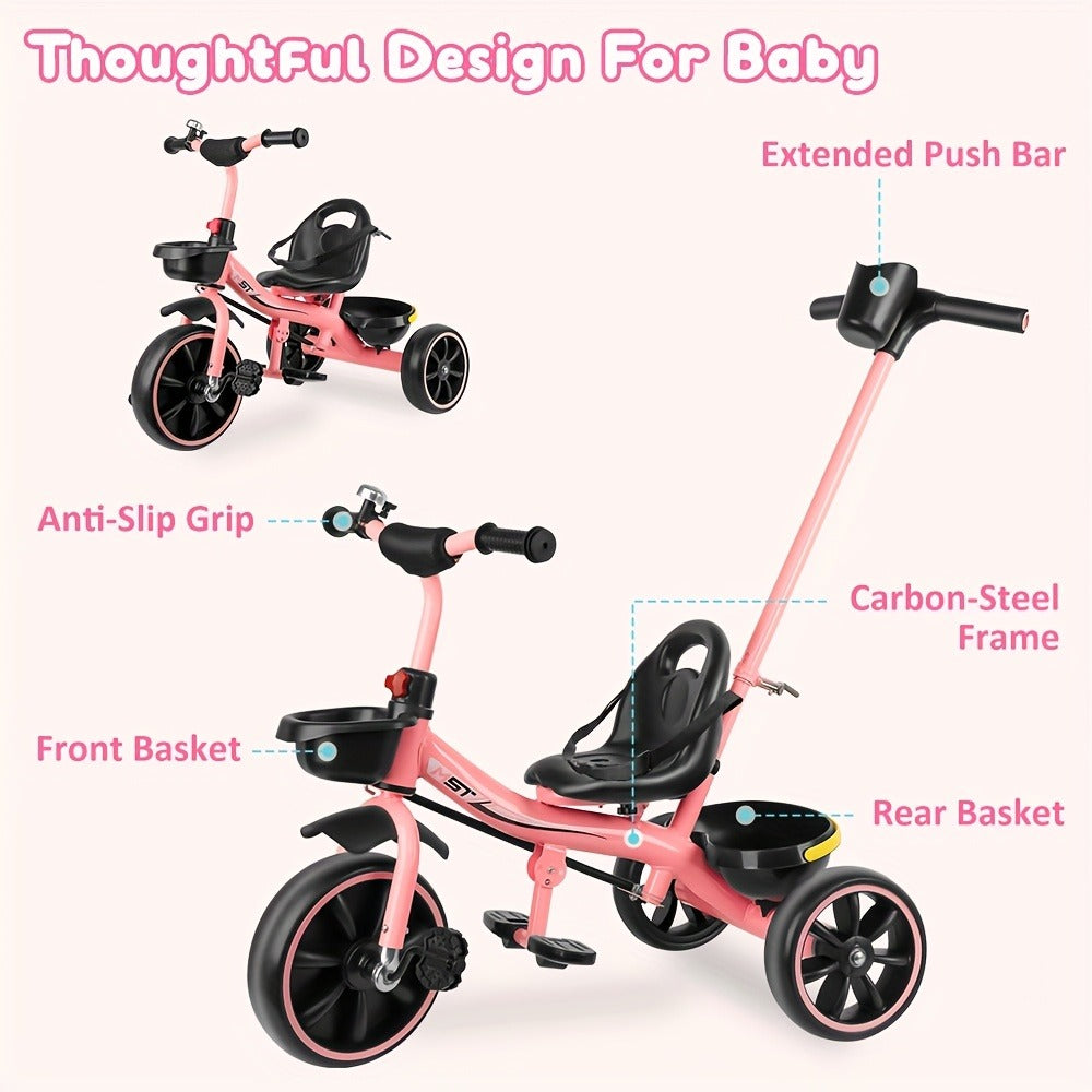 Push Handle Tricycle for Toddlers Girls Pink, 3 Wheel Trike Ages 18-60 Months with Padded Backrest — image 5