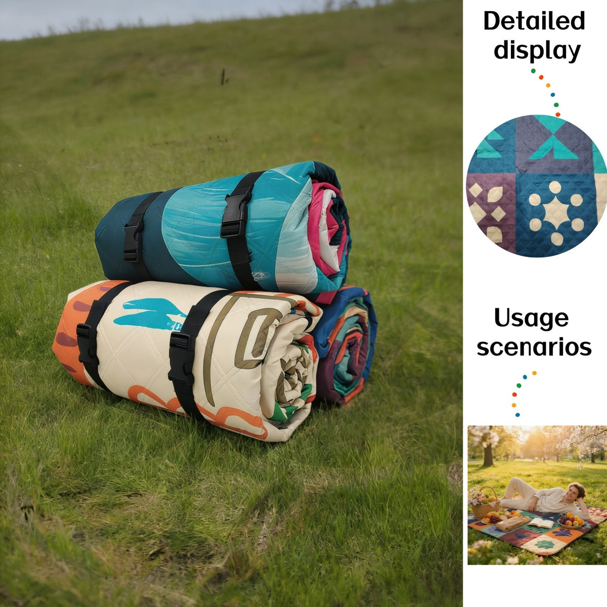 Large Padded Picnic Blanket with Carry Straps in Geometric, Palm-Village or Tropical Leaf Prints — image 7