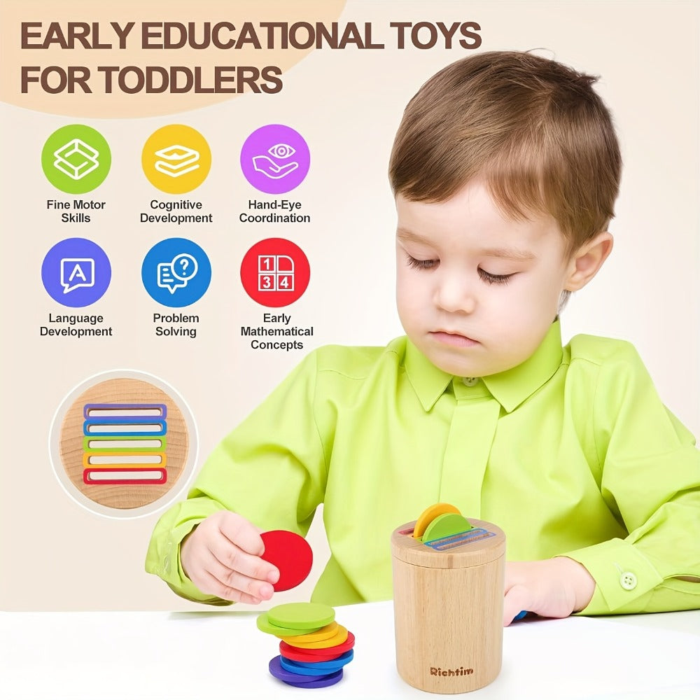 Wooden Color Sorting Coin Box Toy for Toddlers 1+, Montessori Educational Sensory Learning Toy with 10 Colorful Blocks & Stor