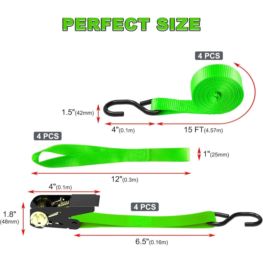 Ratchet Tie Down Straps 4-Pack 15FT 1, 500 lb Break Strength Heavy Duty with Soft Loops & Storage Bag – High-Visibility Webbi