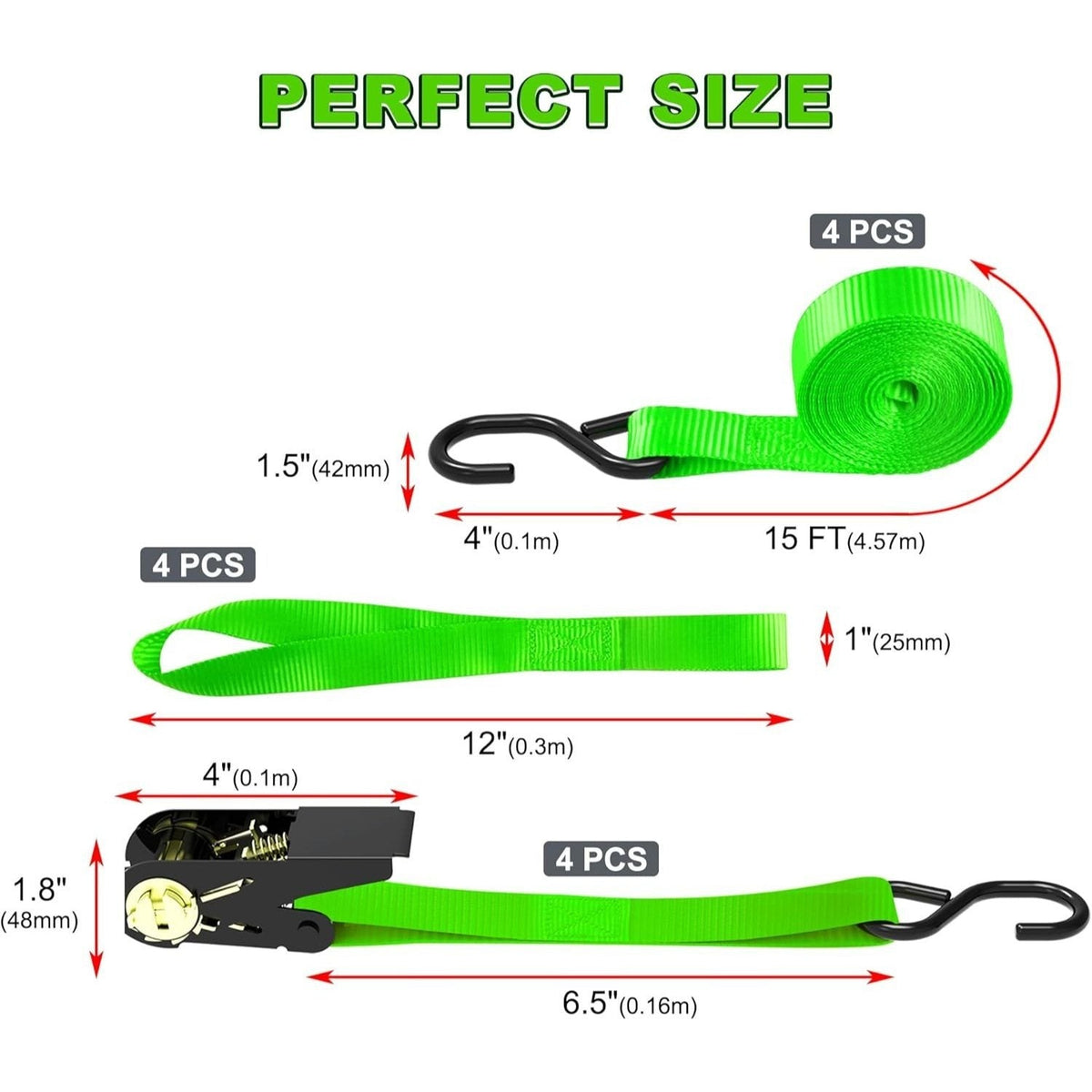 Ratchet Tie Down Straps 4-Pack 15FT 1, 500 lb Break Strength Heavy Duty with Soft Loops & Storage Bag – High-Visibility Webbi