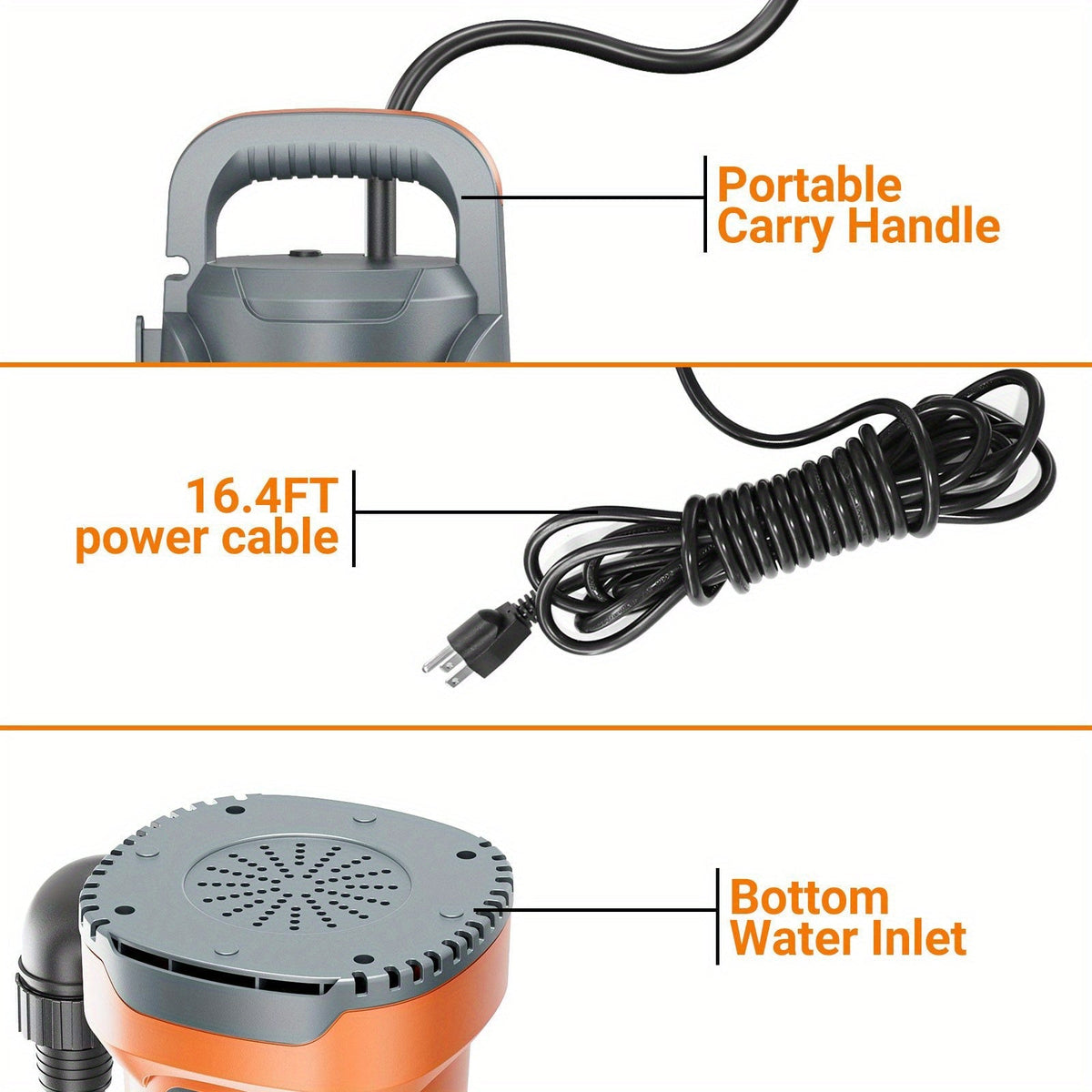 Submersible Sump Pump 1HP 3700GPH Electric Portable Water Pump for Pool Basement Hot Tub Drainage — image 3