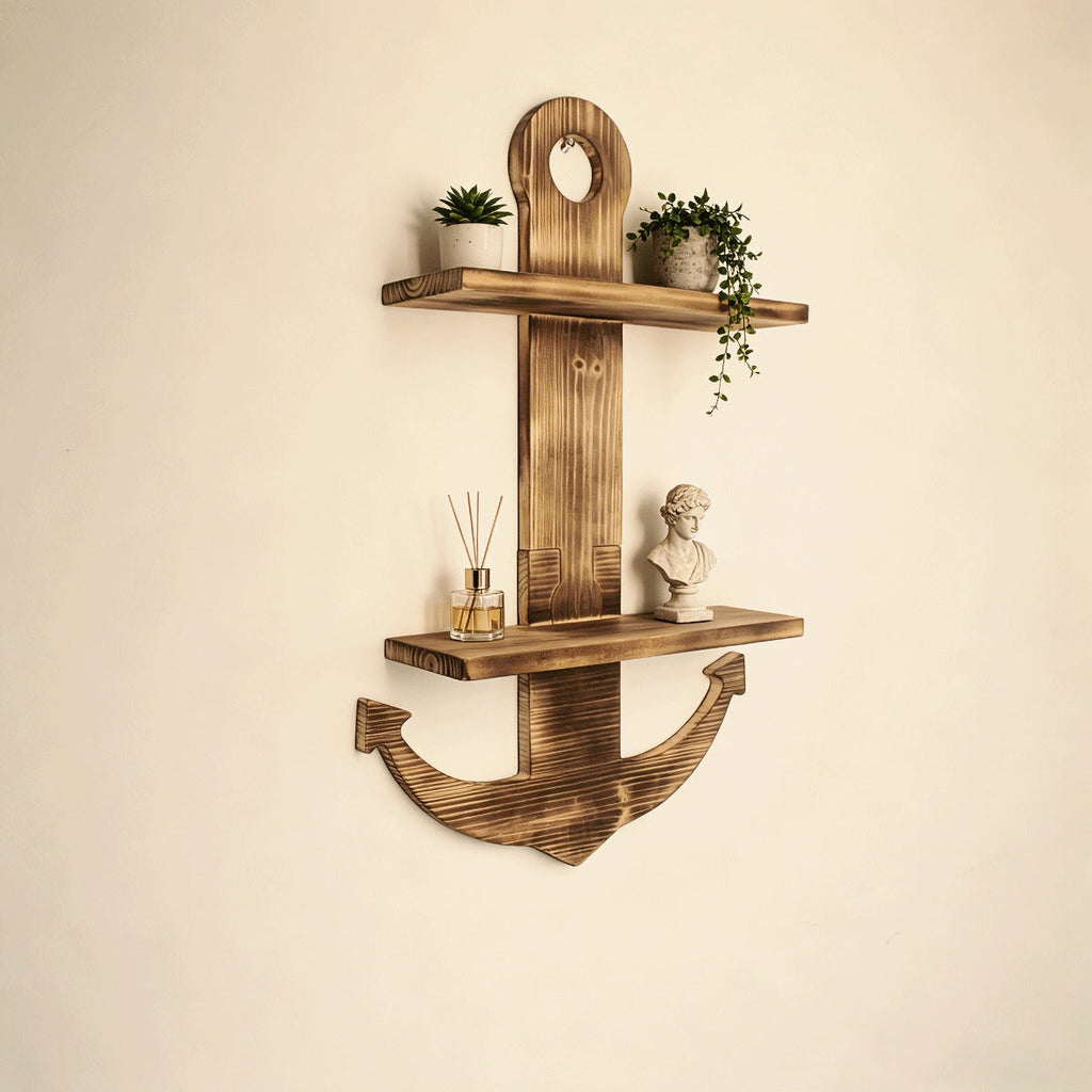 Floating Wall Shelves Solid Wood 2-Tier Nautical Anchor Shelf Handcrafted Heavy Duty Wall Mounted Organizer for Bedroom Livin