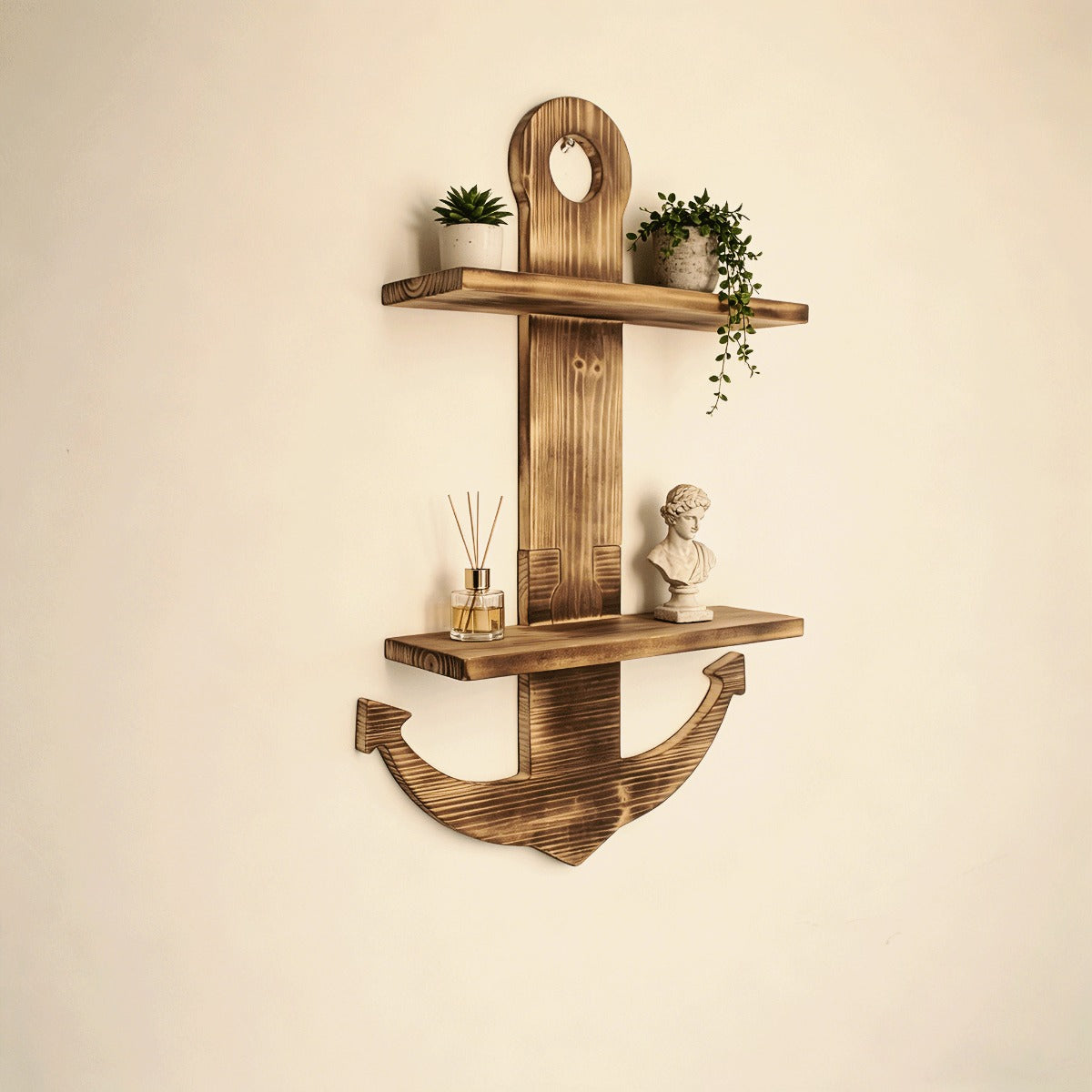 Floating Wall Shelves Solid Wood 2-Tier Nautical Anchor Shelf Handcrafted Heavy Duty Wall Mounted Organizer for Bedroom Livin