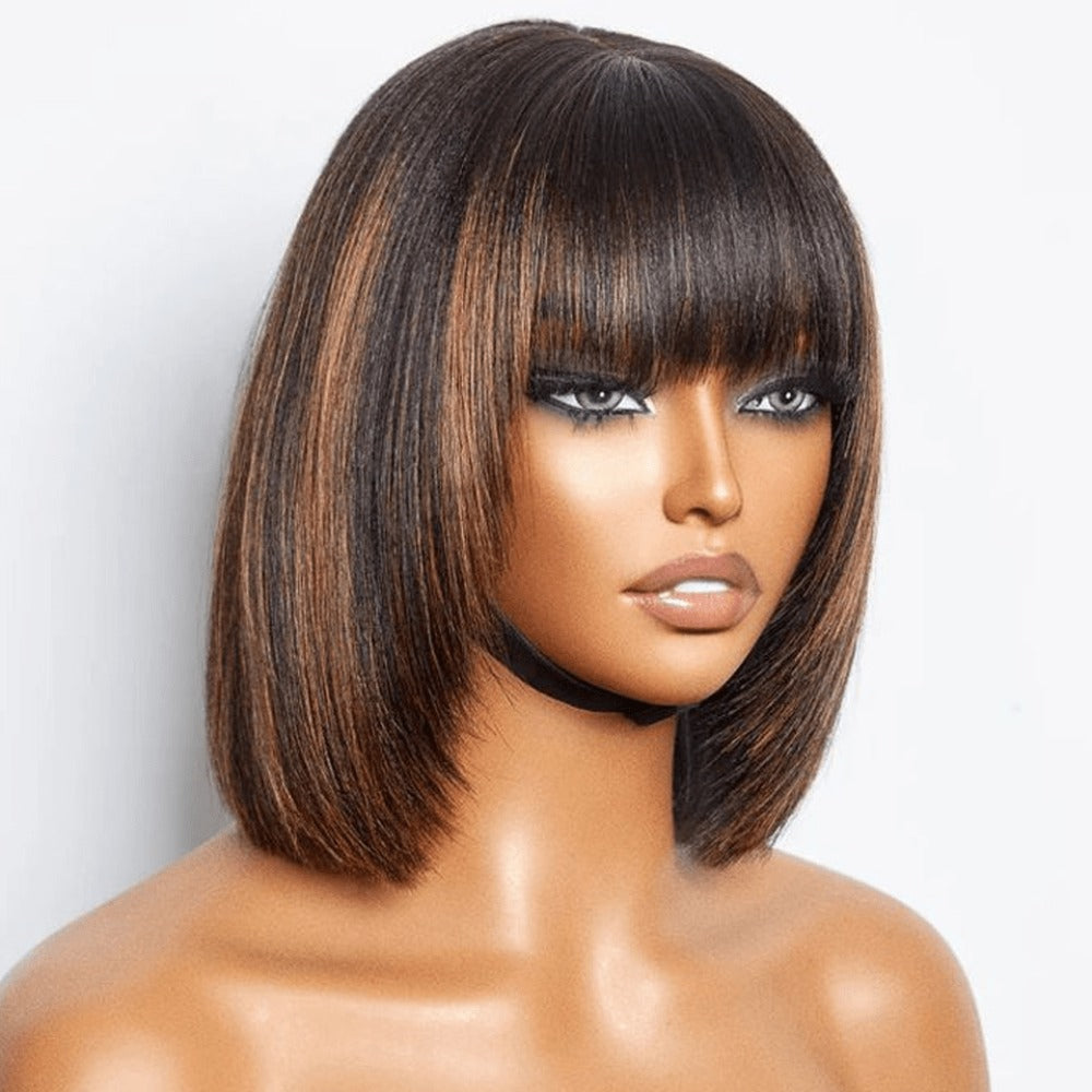 Straight Bob Wig with Bangs Human Hair 3x1 Lace Part Pre-Plucked Glueless Brazilian Short Bob 150 Density 1B/30 Highlight Nat