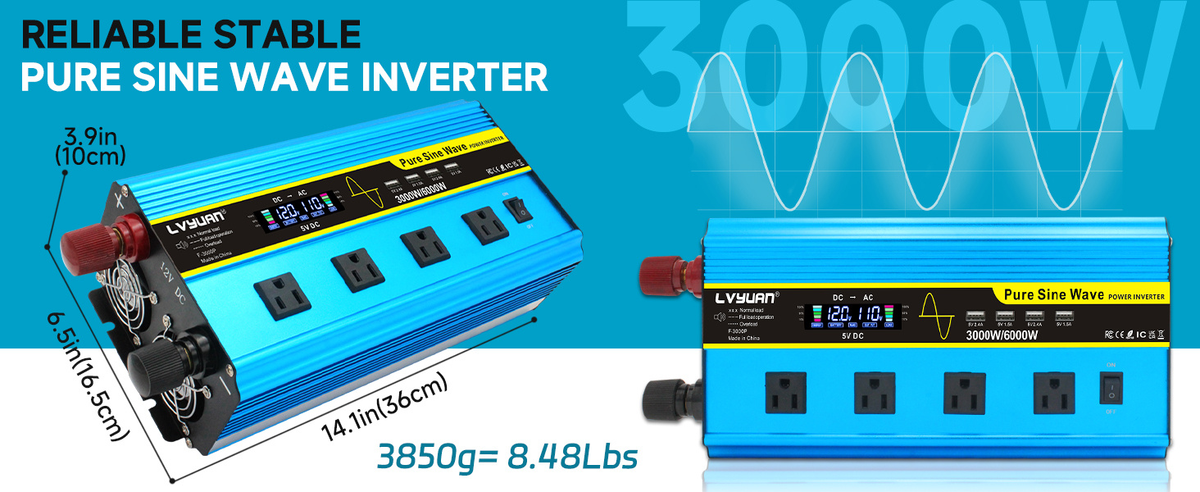 Blue 12V or 24V DC to 110V AC Power Inverter with LCD, Four AC Receptacles and Remote Presentation — image 12