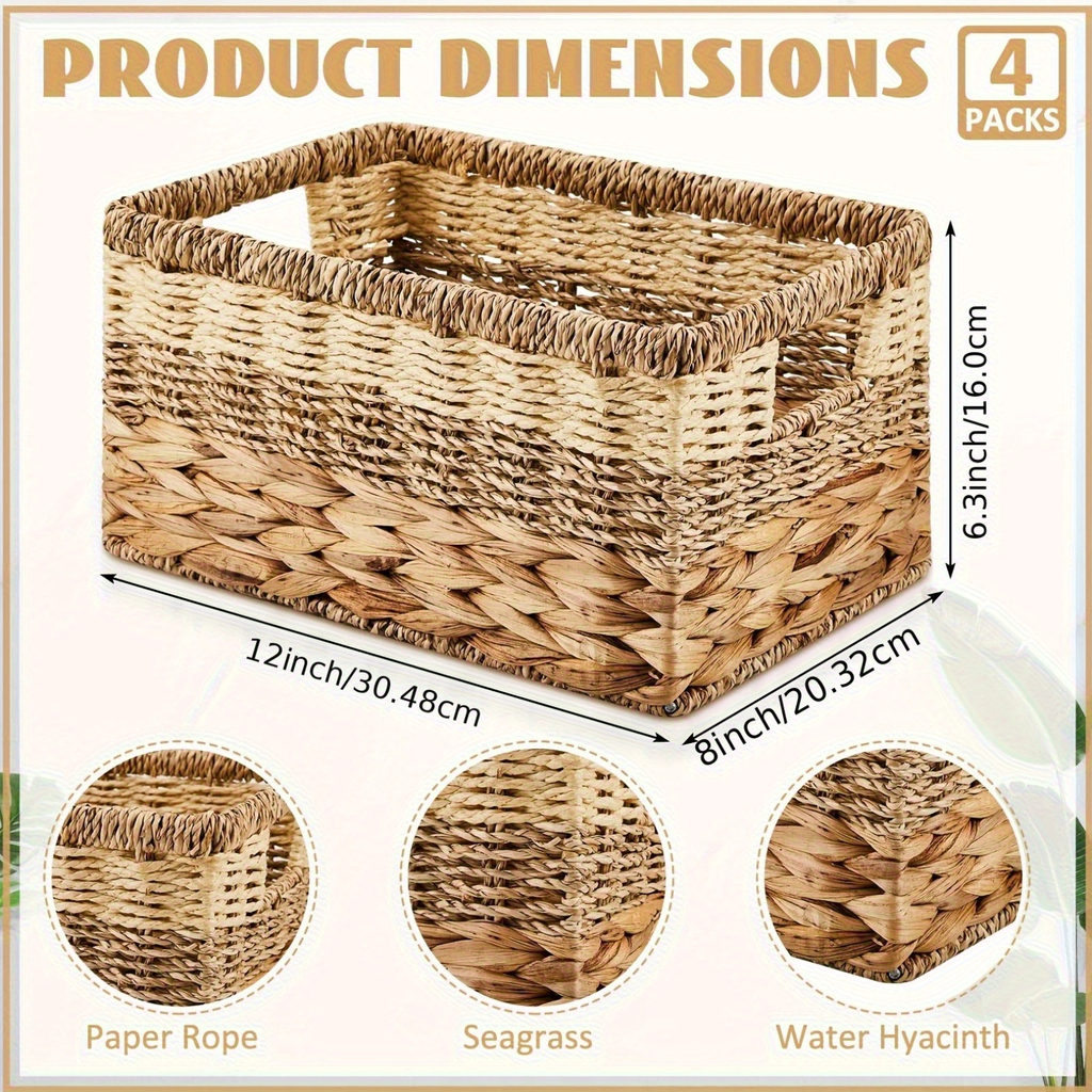 Water Hyacinth Wicker Storage Baskets Set of 4 with Handles, 12 x 8 x 6.3-Inch Shelf Organizers — image 5
