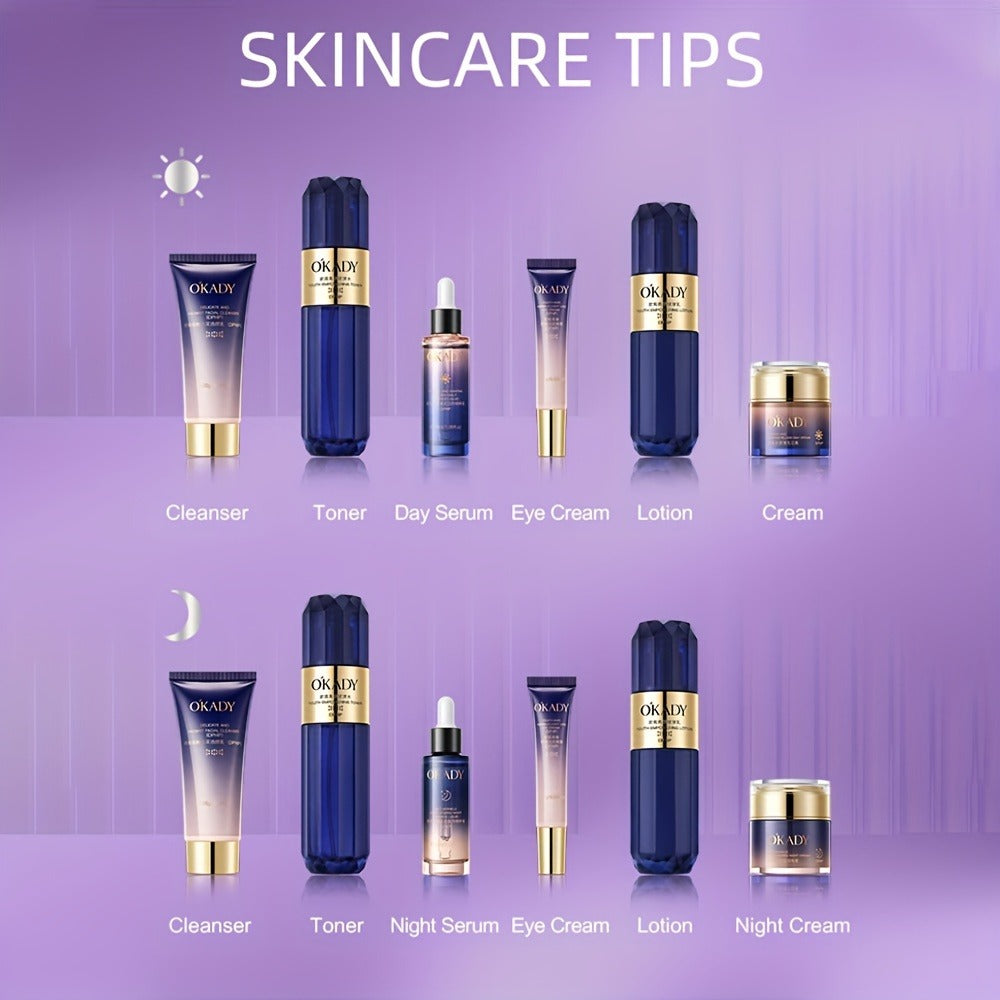 Skincare Set with OKADY Label, 8 Collagen and Hyaluronic Acid Product Items in Blue Gold Gift Box — image 6
