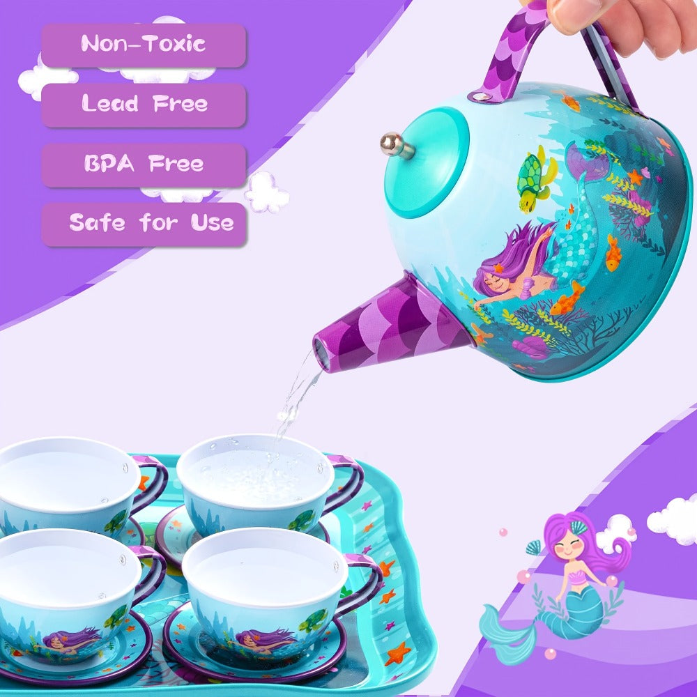 Mermaid Tea Party Set for Girls 21pcs, Tin Teapot, 4 Cups, Saucers, Plates & Carrying Case, Pretend Play Kitchen Toy for Todd