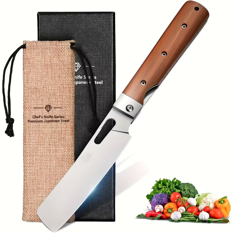 Folding Nakiri Kitchen Knife with 440C Stainless Steel Label, Wood-Look Handle, Drawstring Pouch and Box — image 1