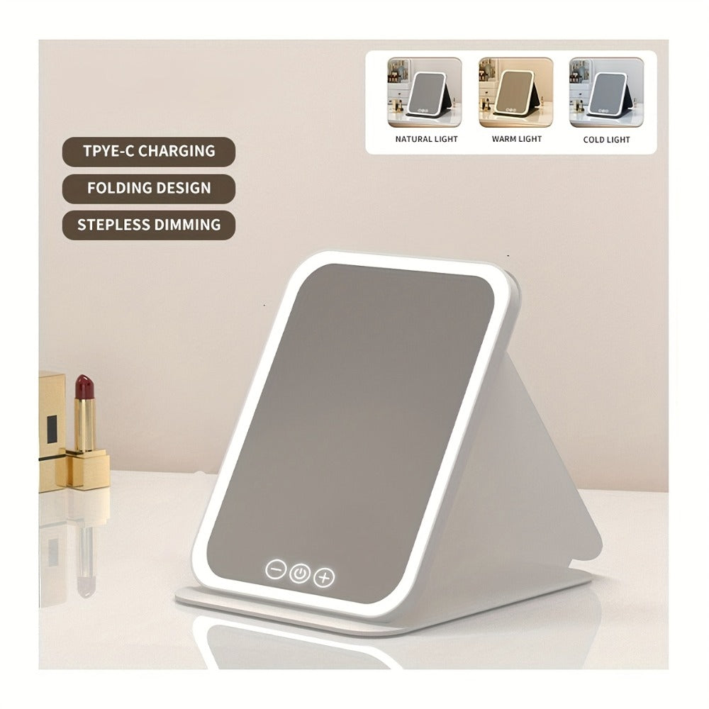 Makeup Mirror Foldable LED Travel Stand with Three Light Colors, Touch Dimming, USB Charging and Pink or White Options — imag