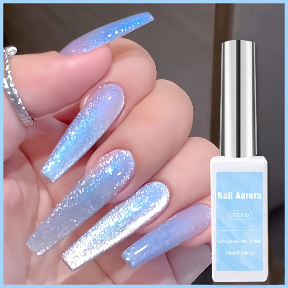 Gel Nail Polish in 10ml Light-Blue Aurora Magnetic Cat-Eye with Holographic Iridescent Shimmer and UV/LED Soak-Off Cure — ima