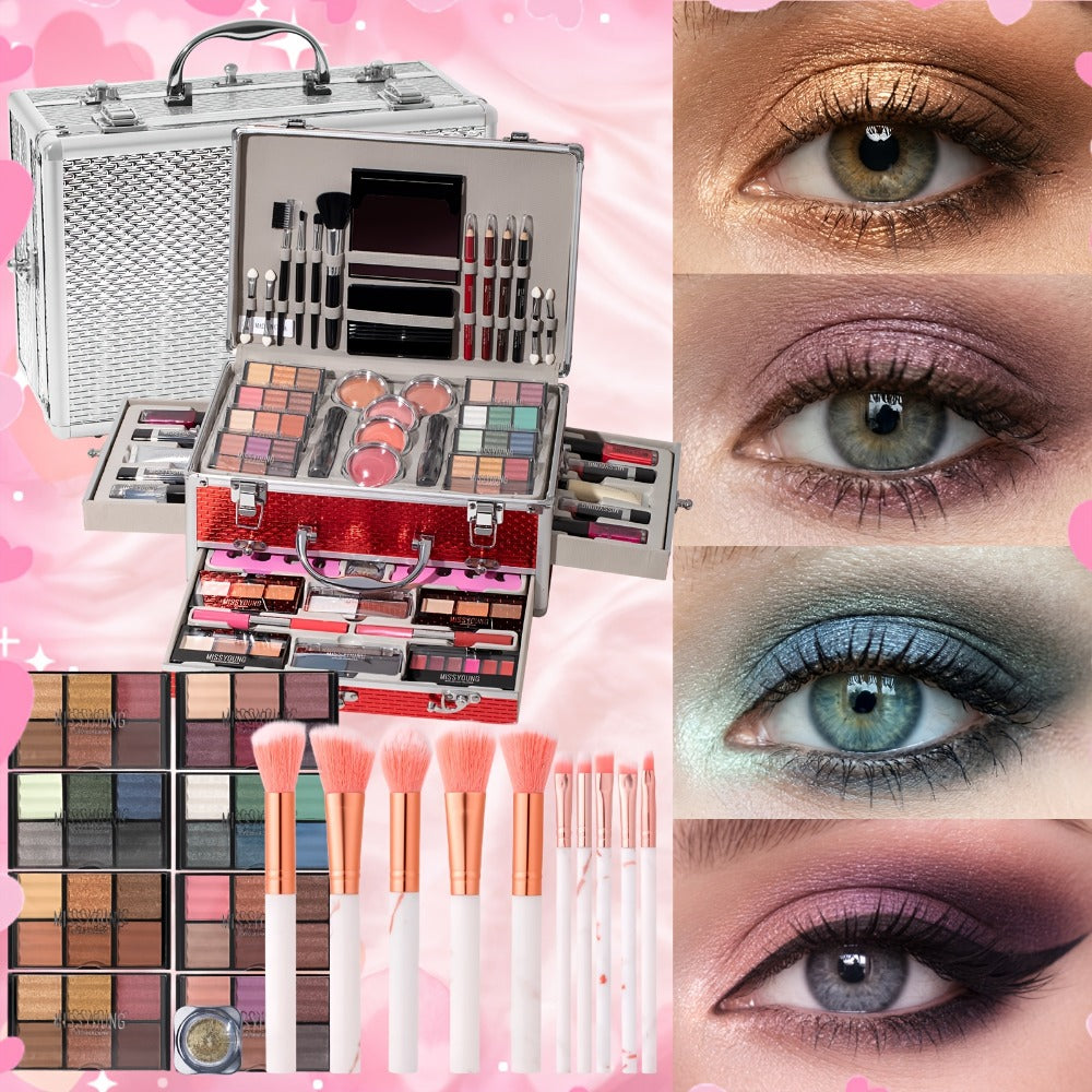 106-Piece Makeup Case Set with Red or Silver Carry Case, Fold-Out Color Palettes, Lip Products and Ten Makeup Brushes — image