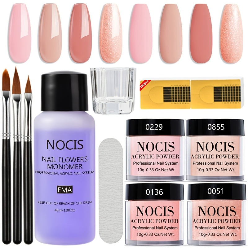 Acrylic Nail Kit NOCIS Four 10g Pink and Warm Neutral Powders with Liquid Monomer, Three Brushes and File — image 9