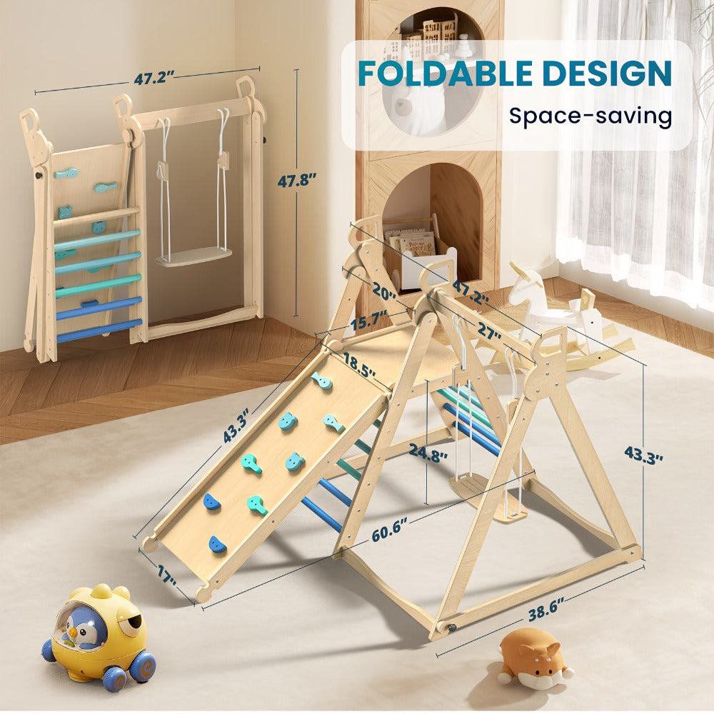 Foldable Indoor Wooden Jungle Gym for Toddlers, 4-in-1 Climbing Frame with Swing, Slide & Ladder — image 6