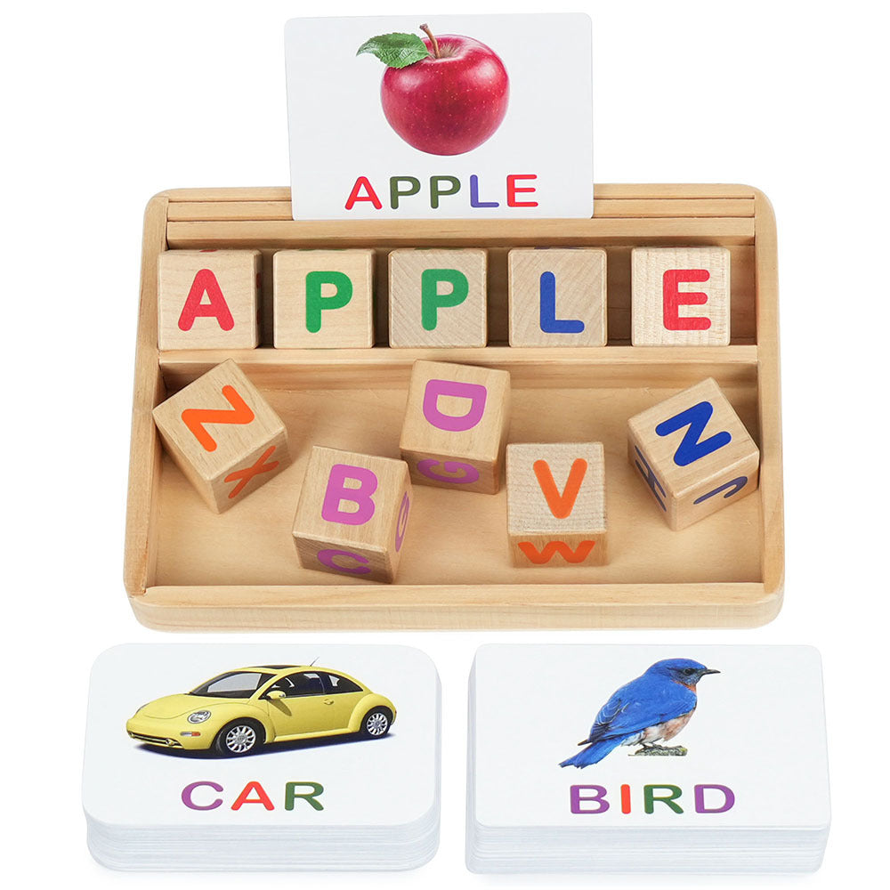 Phonics Word Builder Kit 110+ CVC Flash Cards 10 Letter Blocks Wooden Tray Spelling Matching Game | Learn to Read Toy for Pre