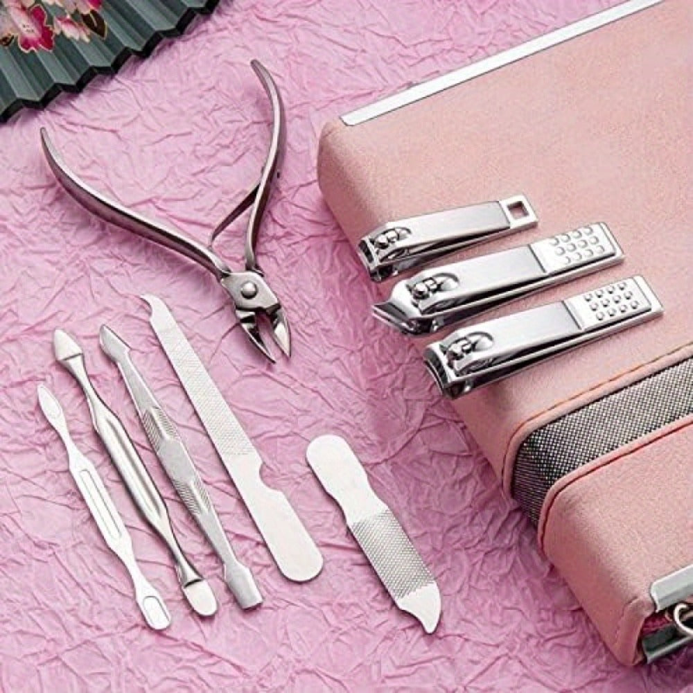 Manicure Pedicure Set 26pcs Pink Stainless Steel – Precision Nail Clippers Cuticle Nipper & Dead Skin Scissors 45° Blade Prof