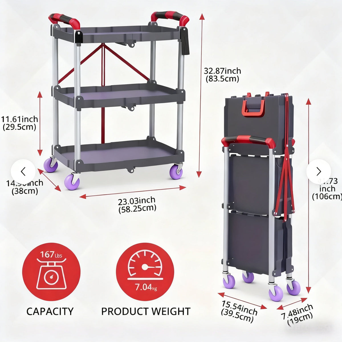 3-Tier Rolling Cart Collapsible Service Utility Cart on Wheels, Portable Folding 3 Shelf Cart for Kitchen Office Garage Works